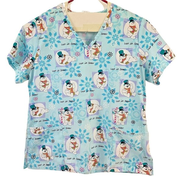 Frosty the snowman Tops - Frosty the Snowman Movie Scrub Top Womens Size Large Christmas Let it snow